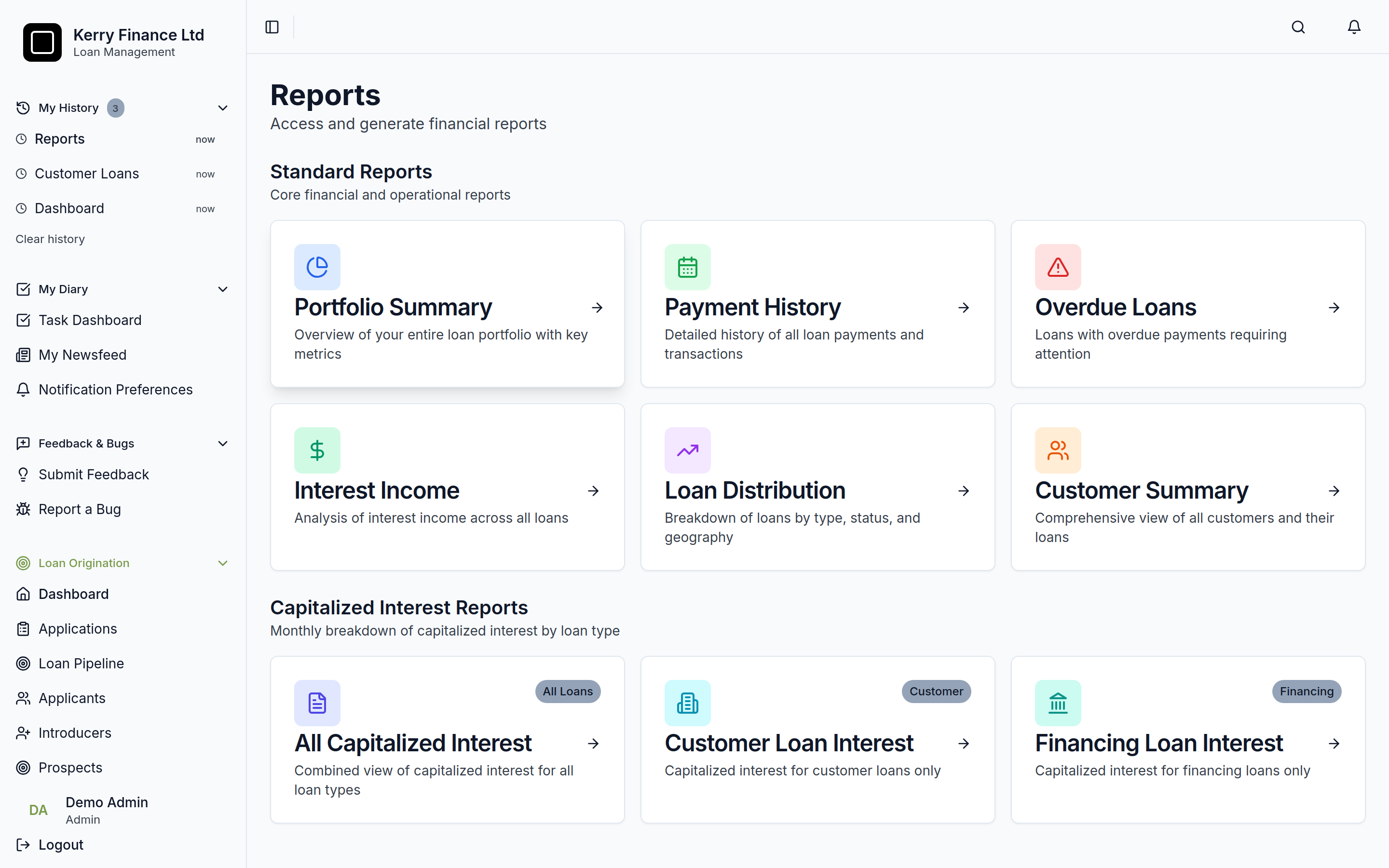 Reports library with portfolio summary, payment history, overdue loans and capitalized interest reports