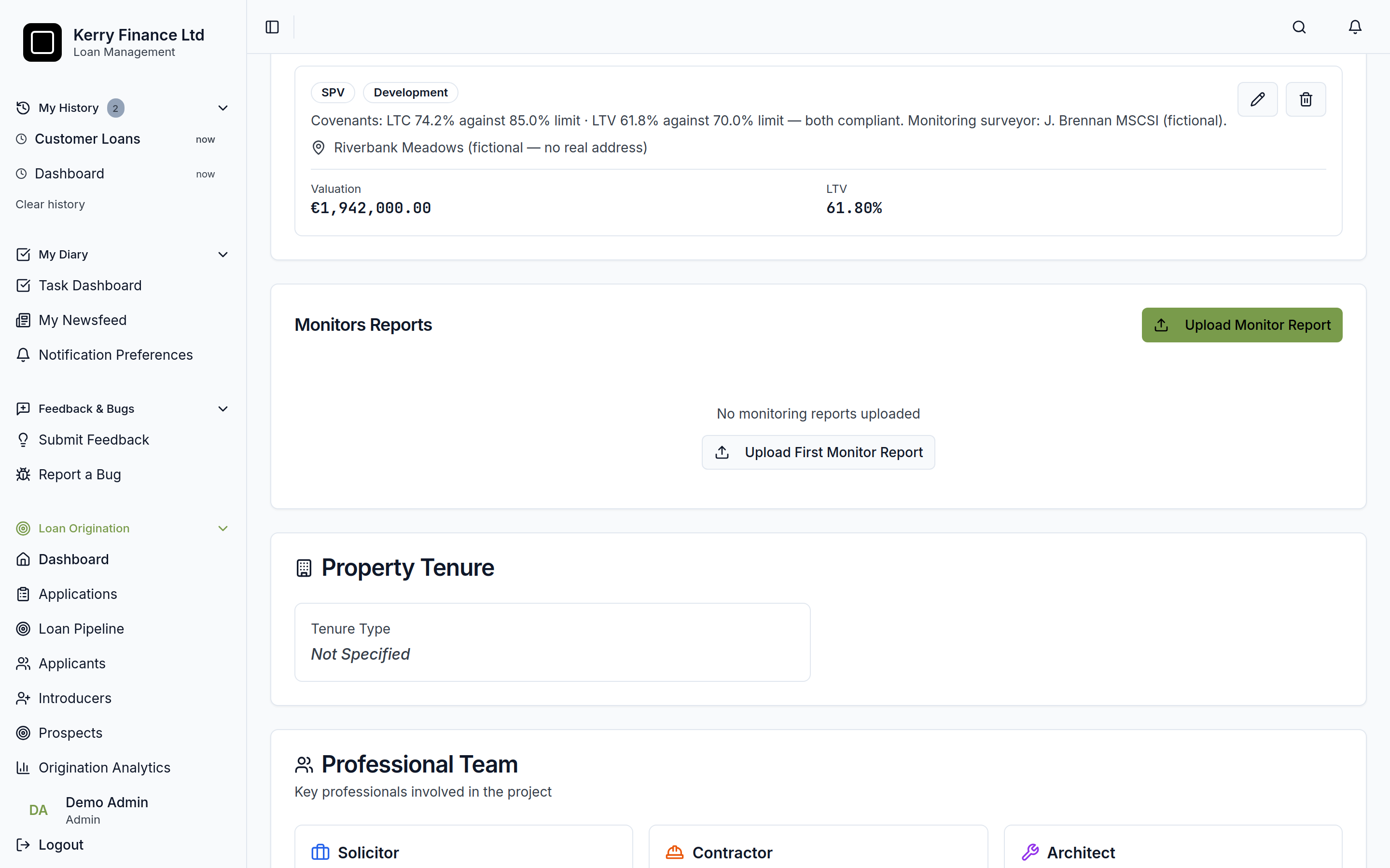 Site record showing LTC and LTV covenants against limits, valuation and monitor report uploads