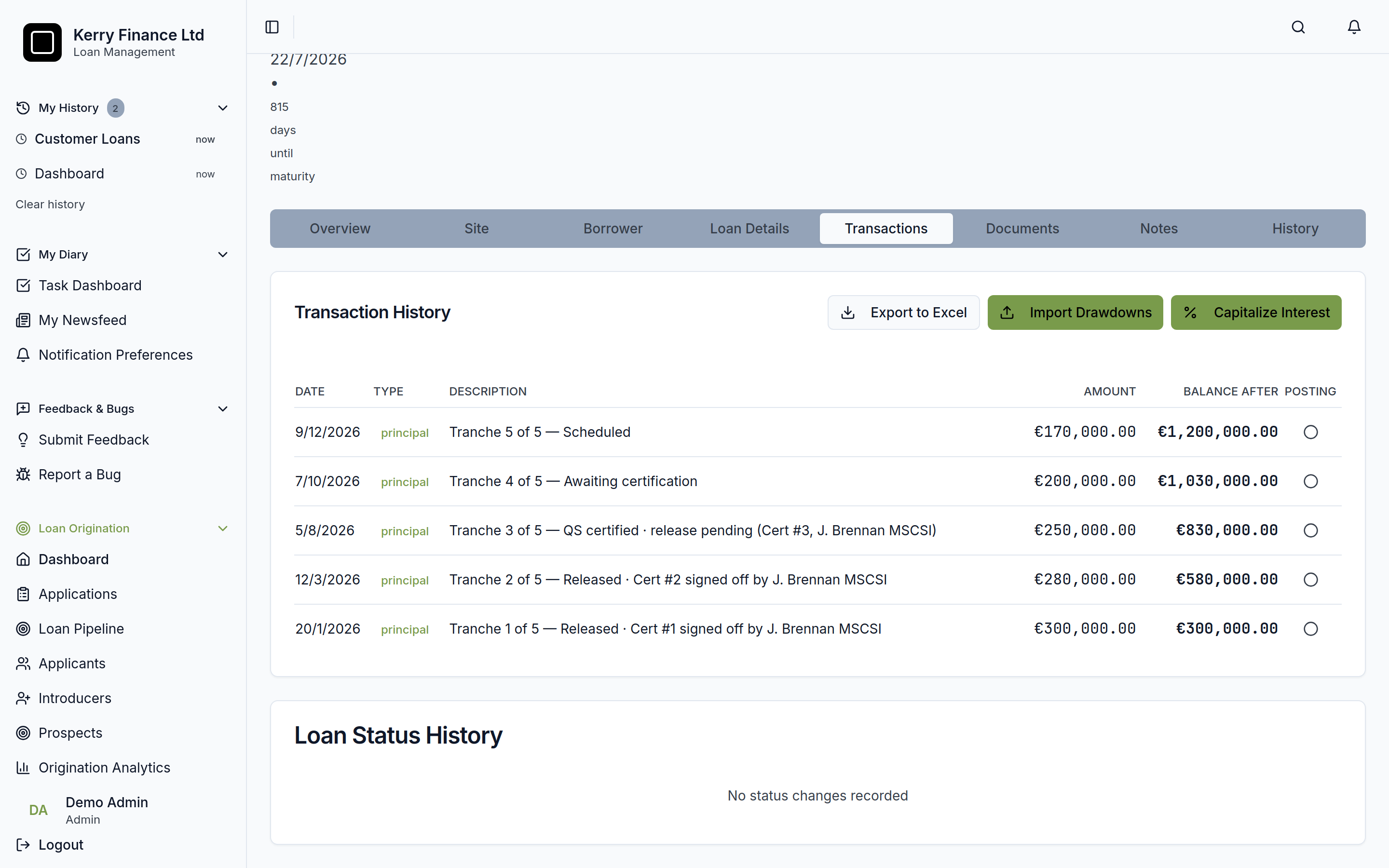 Loan transaction history showing five drawdown tranches with certification status and running balance